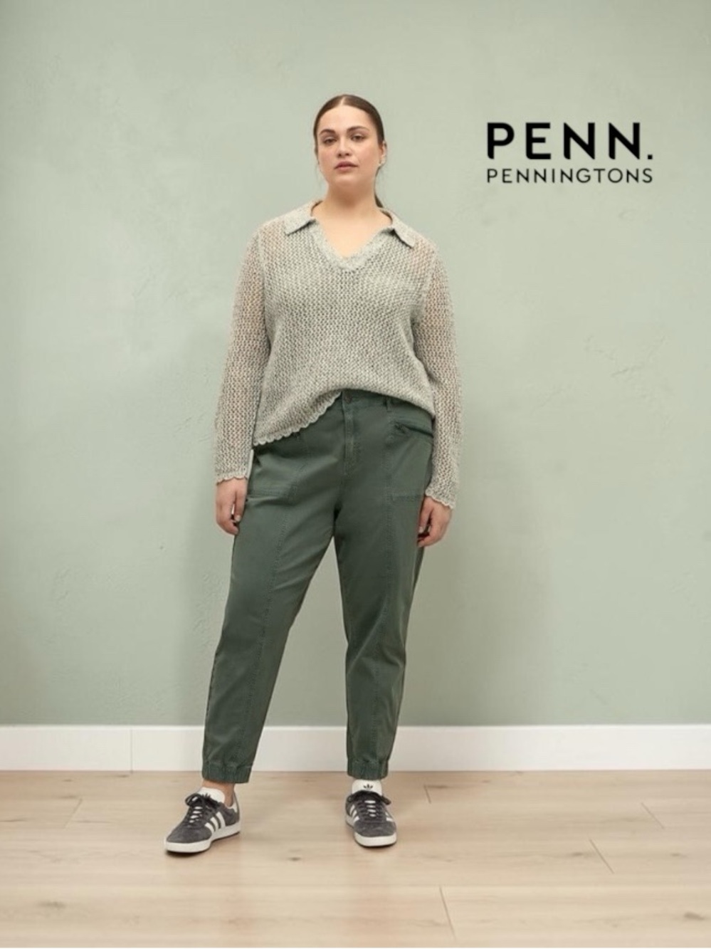 Penningtons, Plus Size 18W, Twill Jogger Pants Green Zip Pockets
